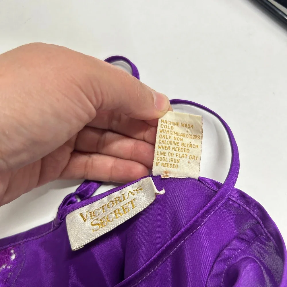 Victoria Secret Gold Label Satin Lace Trim Chemise Large Purple Vintage Coquette
